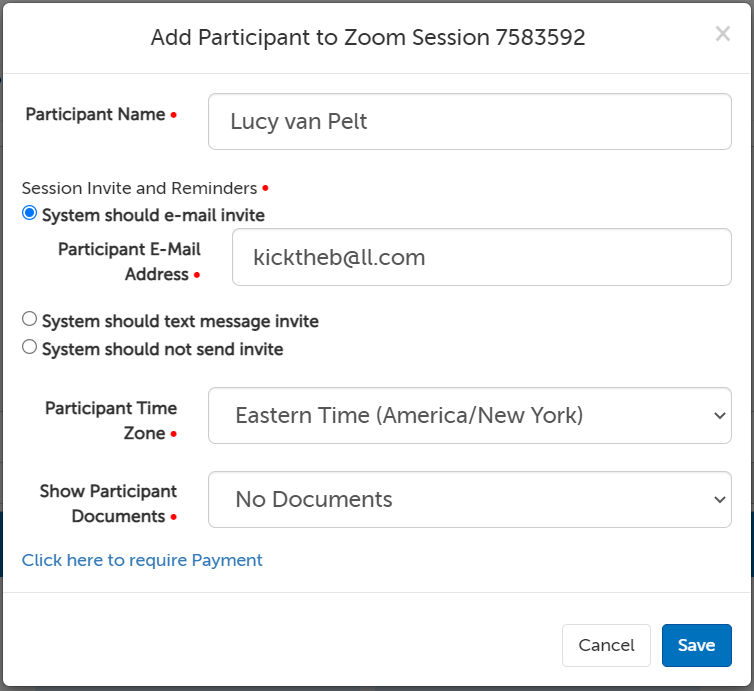 Screencap showing the Add Session Participant form