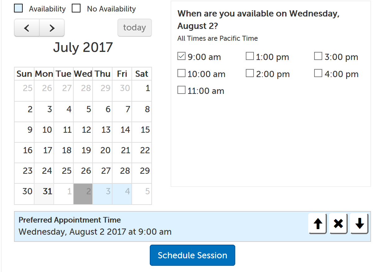 Example of selecting a date/time to request a telehealth