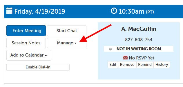 Meeting panel example; header has date and time. Arrow pointing at "Manage" button.
