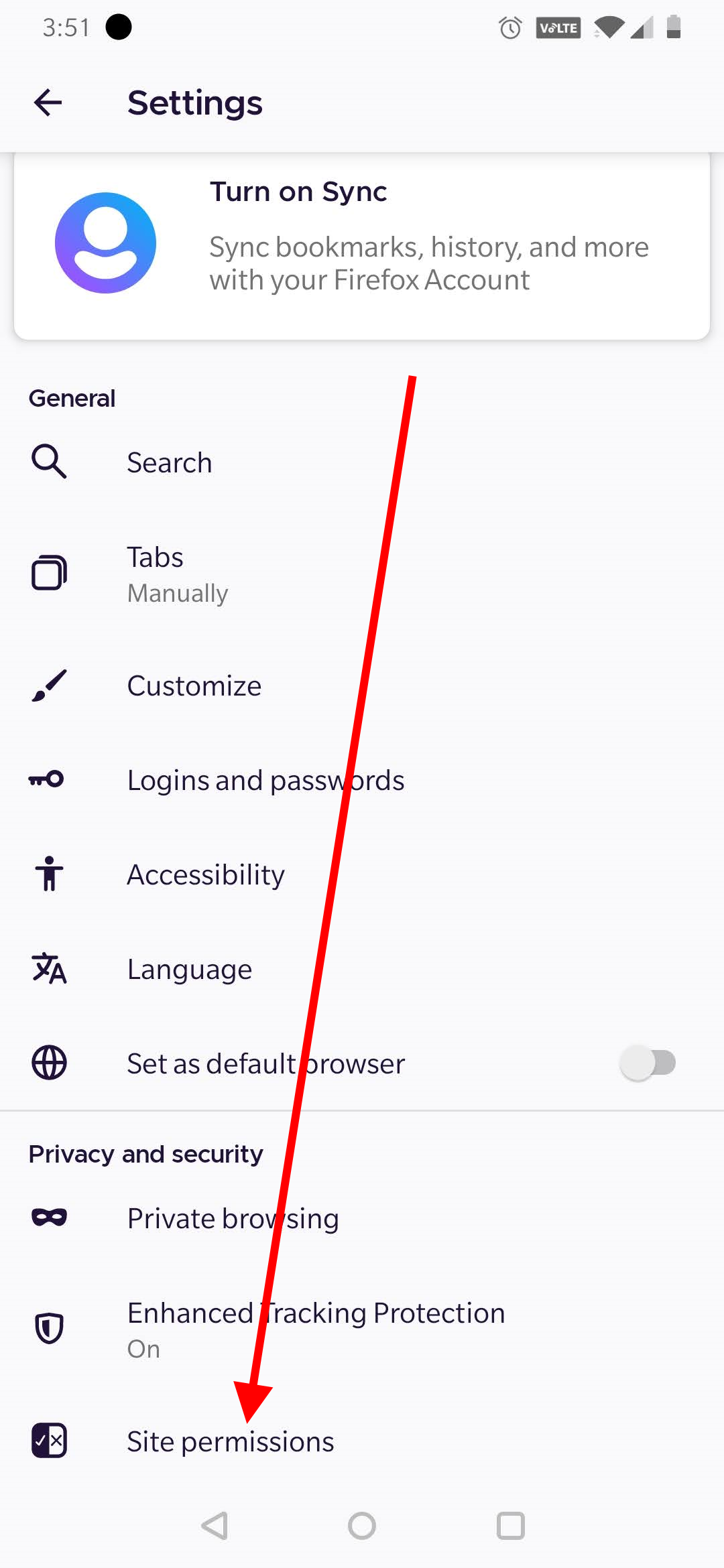 Arrow pointing at "Site permissions"