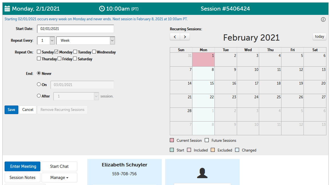 Example of recurring session panel