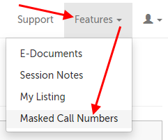 Arrow pointing to the Features tab, and then the "Masked Call Numbers" menu item