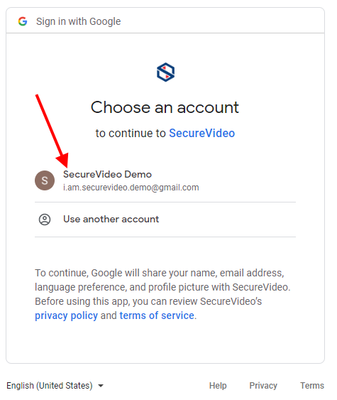 Arrow pointing at example account "SecureVideo Demo"